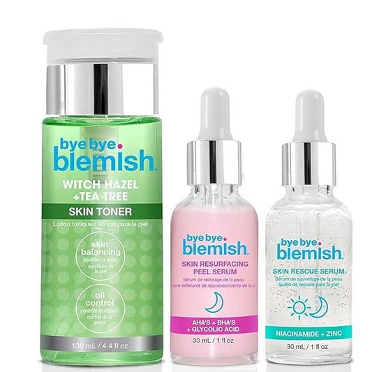 Bye Bye Blemish Skin Resurfacing Regimen Set, with Witch Hazel & Tea Tree Skin Toner, Skin Resurfacing Peel Serum, and Skin Rescue Serum with Niacinamide and Zinc, Cruelty-Free, Bundle Pack