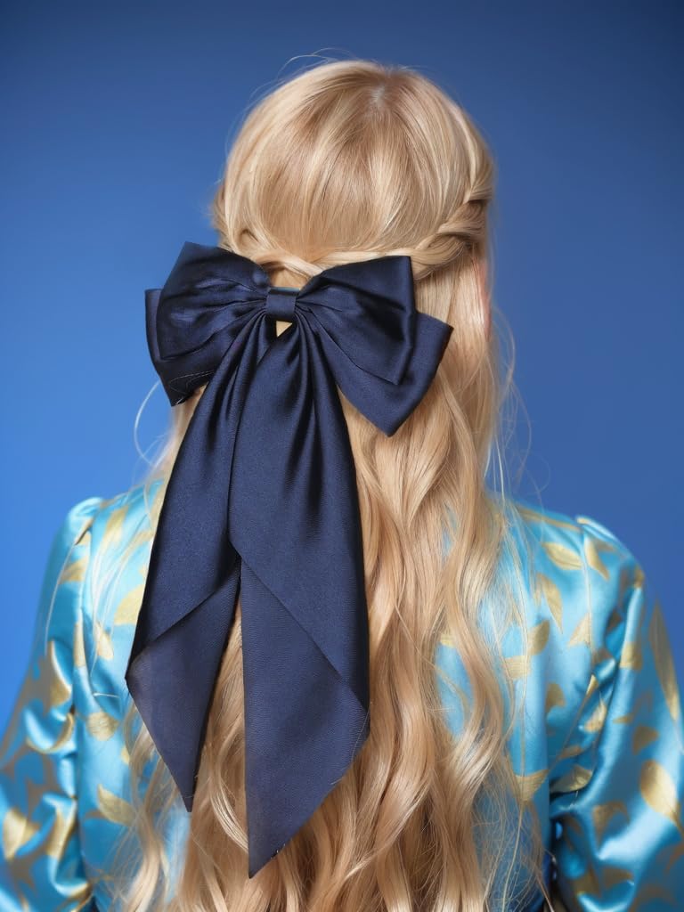 Satin Bow Barrettes and Long Ribbon Navy Hair Pins for Girls and Women - Party Hair Accessories with Bowknot Hairpins