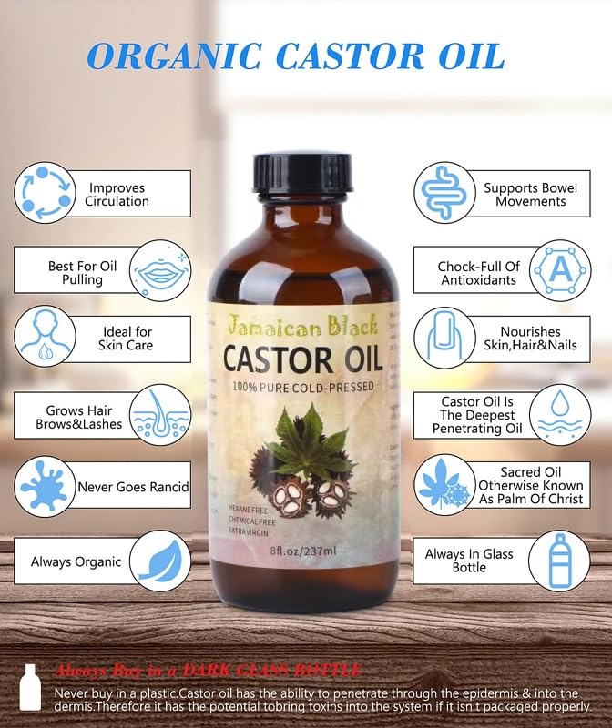 Jamaican Black Castor Oil, Organic Castor Oil Cold Pressed Unrefined Glass Bottle,Rich in Vitamin E, Omega Fatty Acids and Minerals Castor Oil for Face, Hair & Skin, Lashes & Brows, Nail Care 8OZ
