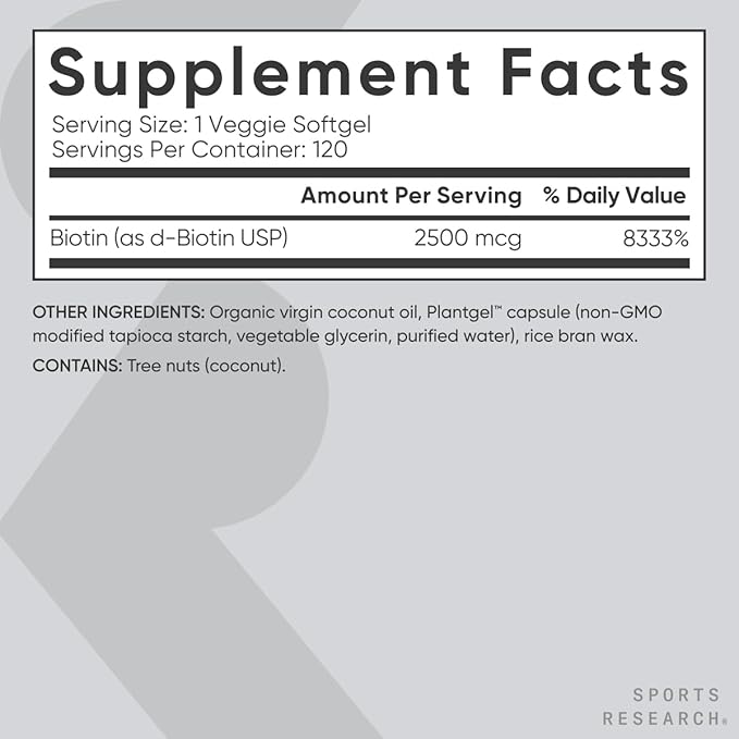 Sports Research Extra Strength Vegan Biotin (Vitamin B) Supplement with Organic Coconut Oil - Supports Keratin for Healthier Hair & Skin - Great for Women & Men - 2,500mcg, 120 Veggie Softgel Capsules