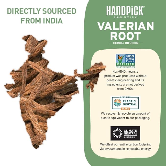 HANDPICK, Valerian Root Tea Bags (Valeriana) 50 Count | Non-GMO, Caffeine Free, Real Ingredients | Earthy/Woody Herbal Tea Bags | Round Eco-conscious Tea Bags