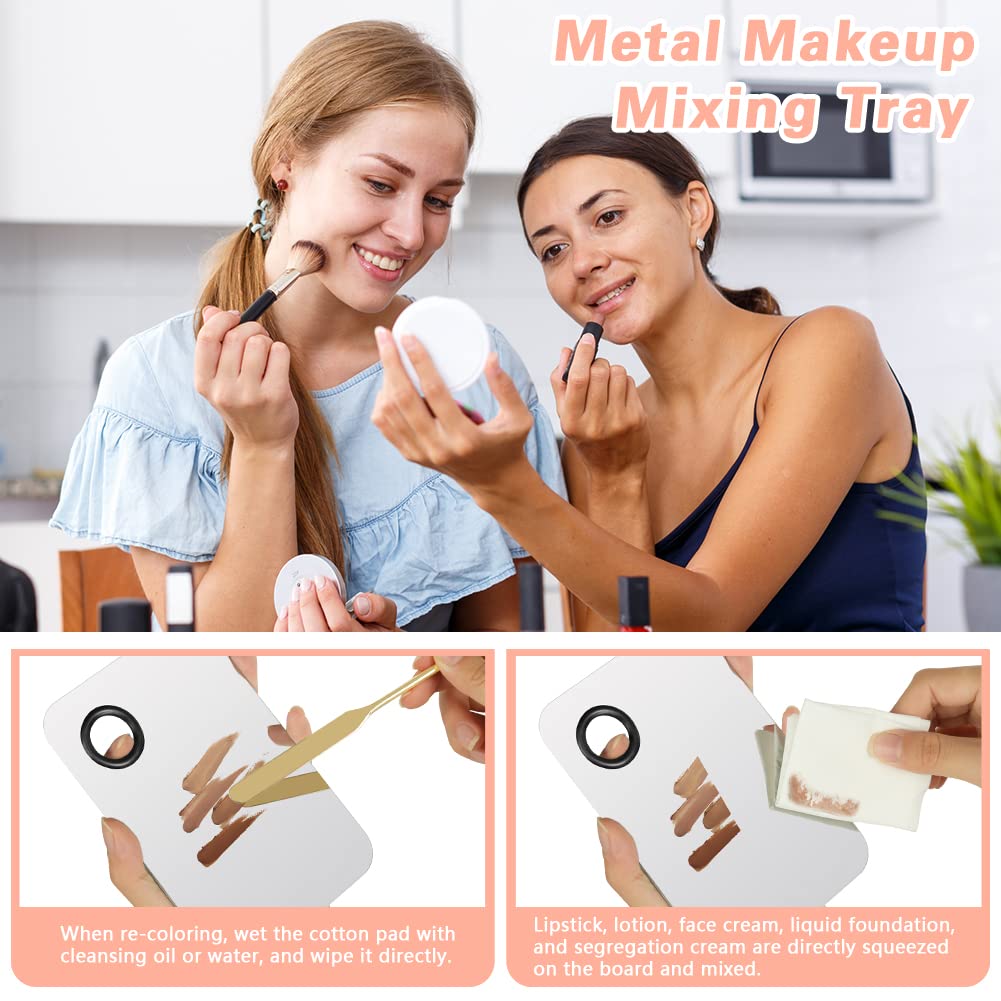 3PCS Stainless Steel Makeup Mixing Palette With Spatula - Professional Cosmetic Artist Tool for Eye Shadow, Eyelash, Nail Art, Foundation