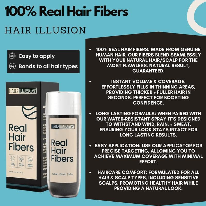 Hair Illusion 100% Real Hair Fibers Combo Kit Bundle: Fibers, Hold & Water Spray, & Applicator for Instant Natural Fuller Hair for Thinning & Enhancement Blend (Jet Black)