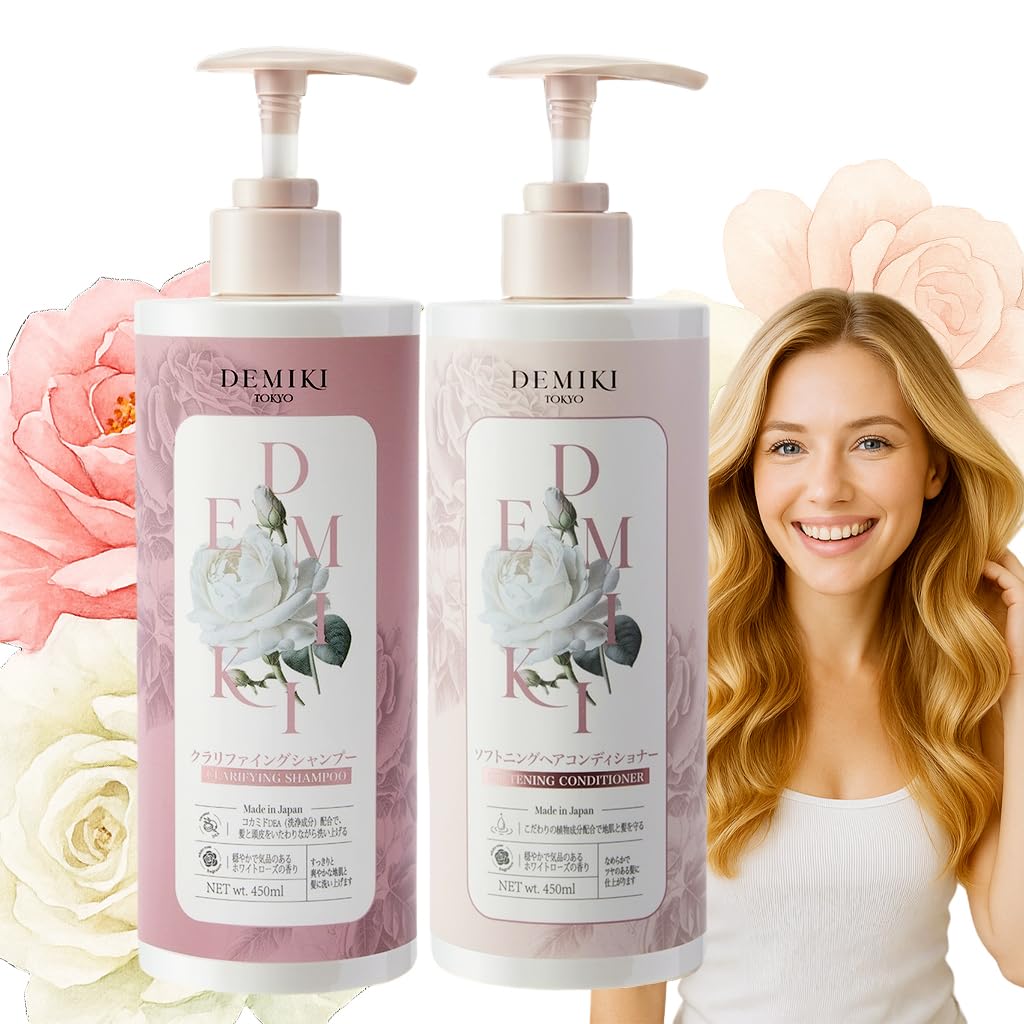 DEMIKI Japanese Shampoo and Conditioner Set for Women, Shampoo and Conditioner Set for Oily Hair, Sulfate Free, Rose Scent, Anti Dandruff, Clarifying, Moisturizing, Hydrolyzed Keratin Hair Care, 32oz