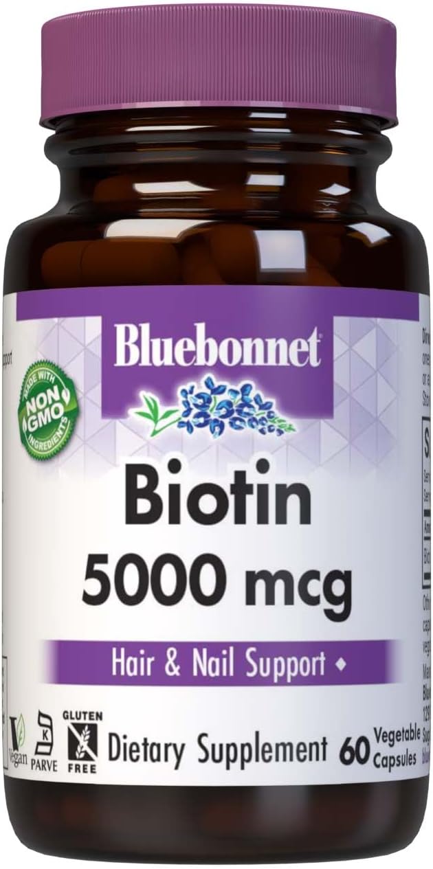Bluebonnet Nutrition Biotin 5000 mcg, Hair & Nail Support*, Non-GMO, Vegan, Kosher Certified, Gluten-Free, Soy-Free, Dairy-Free, 60 Vegetable Capsules, 60 Servings