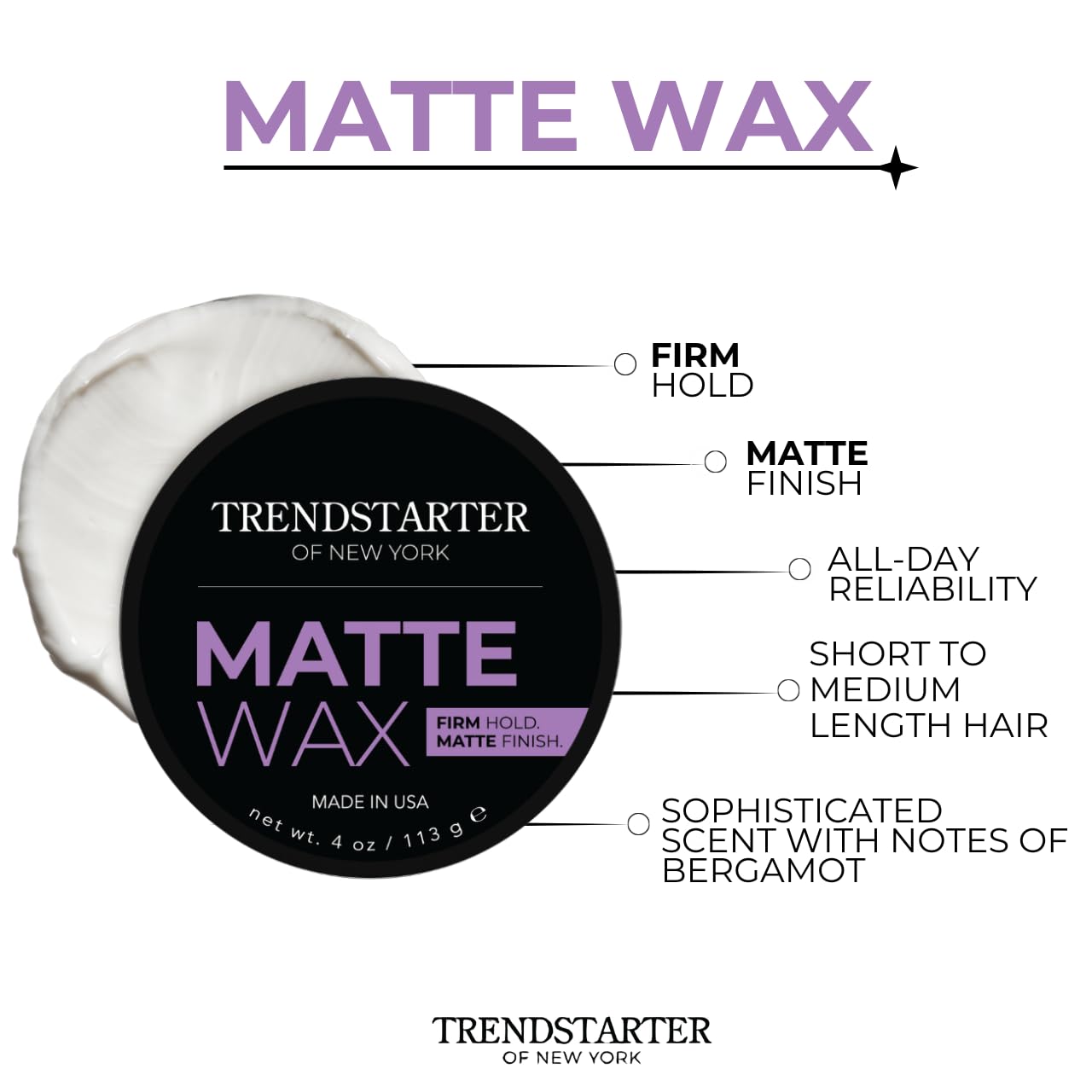 TRENDSTARTER - MATTE WAX (4oz) - Firm Hold - Matte Finish - Water Based All-Day Hold Hair Styling Pomade – Flake-Free Styling Wax for All Hair Types