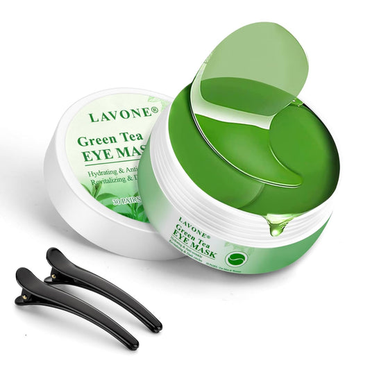 Eye Mask - 30 Pairs Green Tea Eye Patches Skin Care Products for Dark Circles and Puffiness, Reduce Wrinkles and Fine Lines, Eye Patches for Women and Man,with Hair Clips