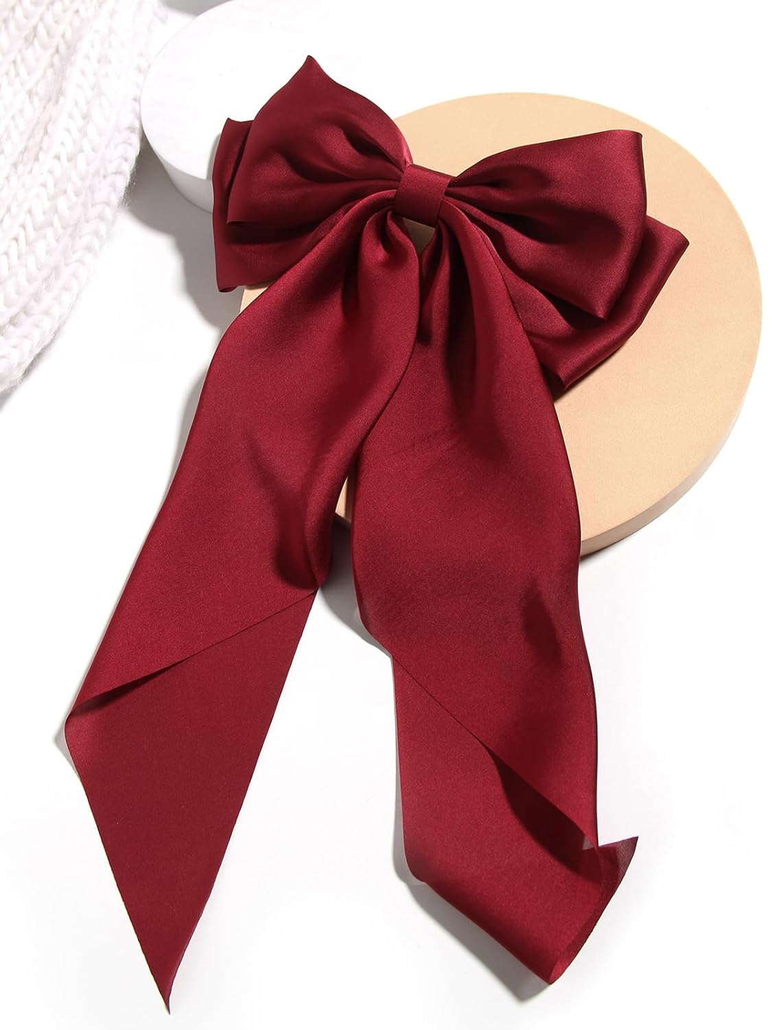 SUSULU Women's Satin Silk Bow Hair Accessories - Metal Clips with Long Tail Ribbon Hairpins and Ponytail Barrettes (2pcs, Burgundy Black)