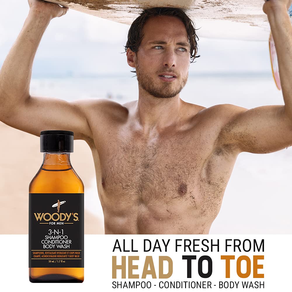 Woody's 3-in-1 Shampoo, Conditioner, & Body Wash for Men, Travel-Size, Refreshing All-in-One Hair & Body Cleanser, 1.7 fl oz, 2 Pack
