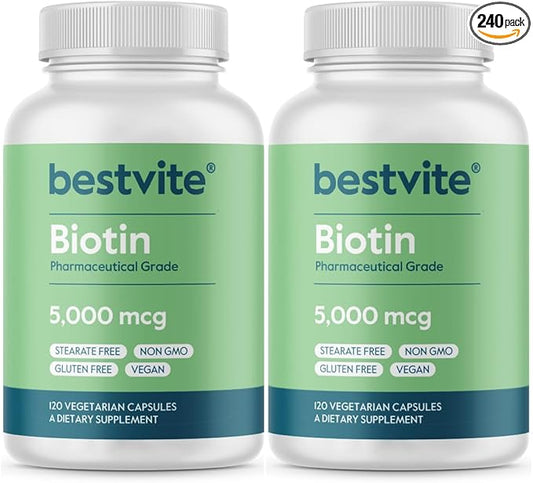 BESTVITE Biotin 5000mcg (240 Vegetarian Capsules) (120 x 2) - No Stearates - No Flow Agents - Vegan - Non GMO - Gluten Free - Hair, Skin, Nails