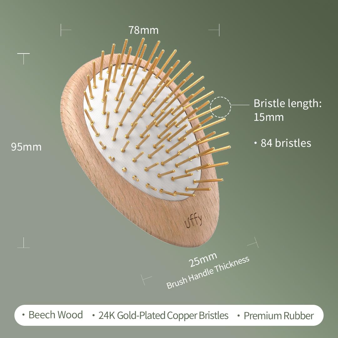 Uffy Acubrusher – 24K Gold-Plated Gua Sha Hair Brush - Ergonomic Scalp Massager for Dandruff & Hair Growth, Suitable for All Hair Types - Ideal Gift Choice in Beech Wood
