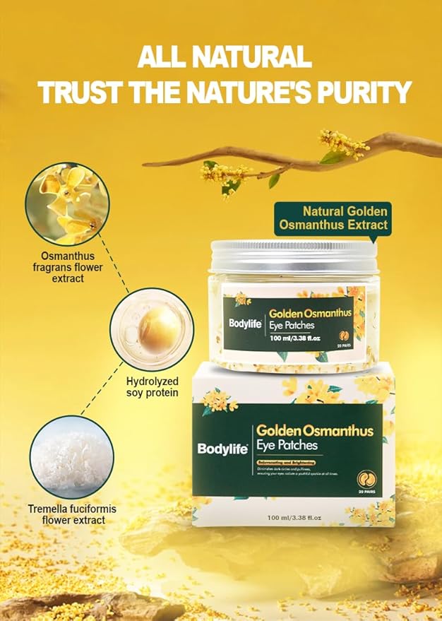 Golden Osmanthus Anti Aging Eye Mask for Dark Circles and Puffiness Reduce Wrinkles,with Hydrolyzedsoy protein, Osmanthusfragrans extract, glycerin, and Tremella fuciformis flower extract,20 pairs