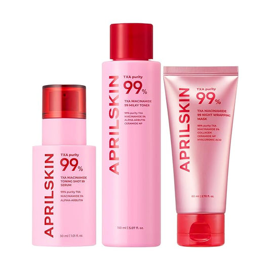 APRILSKIN TXA Overnight Glow Booster Trio: TXA Niacinamide Toning Shot 99 Spicule Facial Serum, TXA Niacinamide 99 Pink Milky Toner and TXA Niacinamide 99 Overnight Wrapping Mask