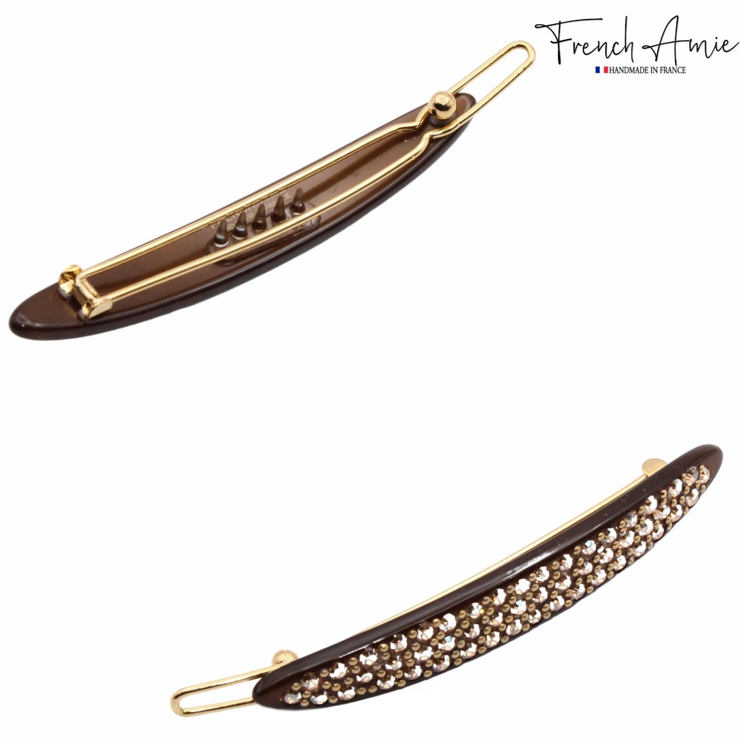 French Amie Narrow Oblong Small 2 1/4" Celluloid Acetate Set of 2 Side Slide In Hair Clip Barrettes with Tige Boule Clasp for Girls and Women, Made in France (Tortoise Shell)