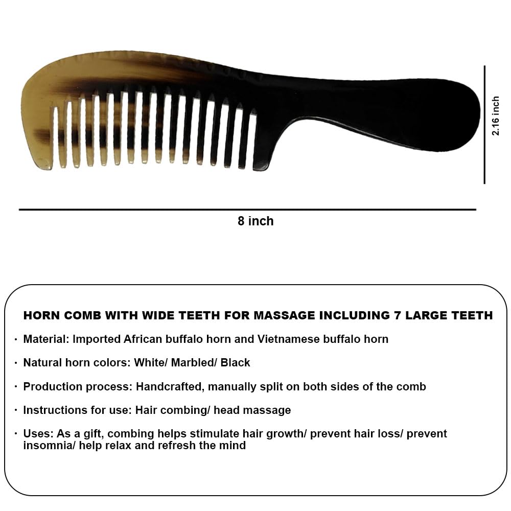 Natural Buffalo Horn Wide Tooth Comb, 8 Inch, Handcrafted Hair and Beard Detangling Comb, Black and Marbled