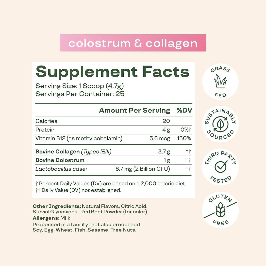 Bloom Nutrition Bovine Colostrum Powder with Vitamin B-12 for Gut Health, Immune Support, Hair Growth & Beauty Supplement | Strawberry, 25 Servings