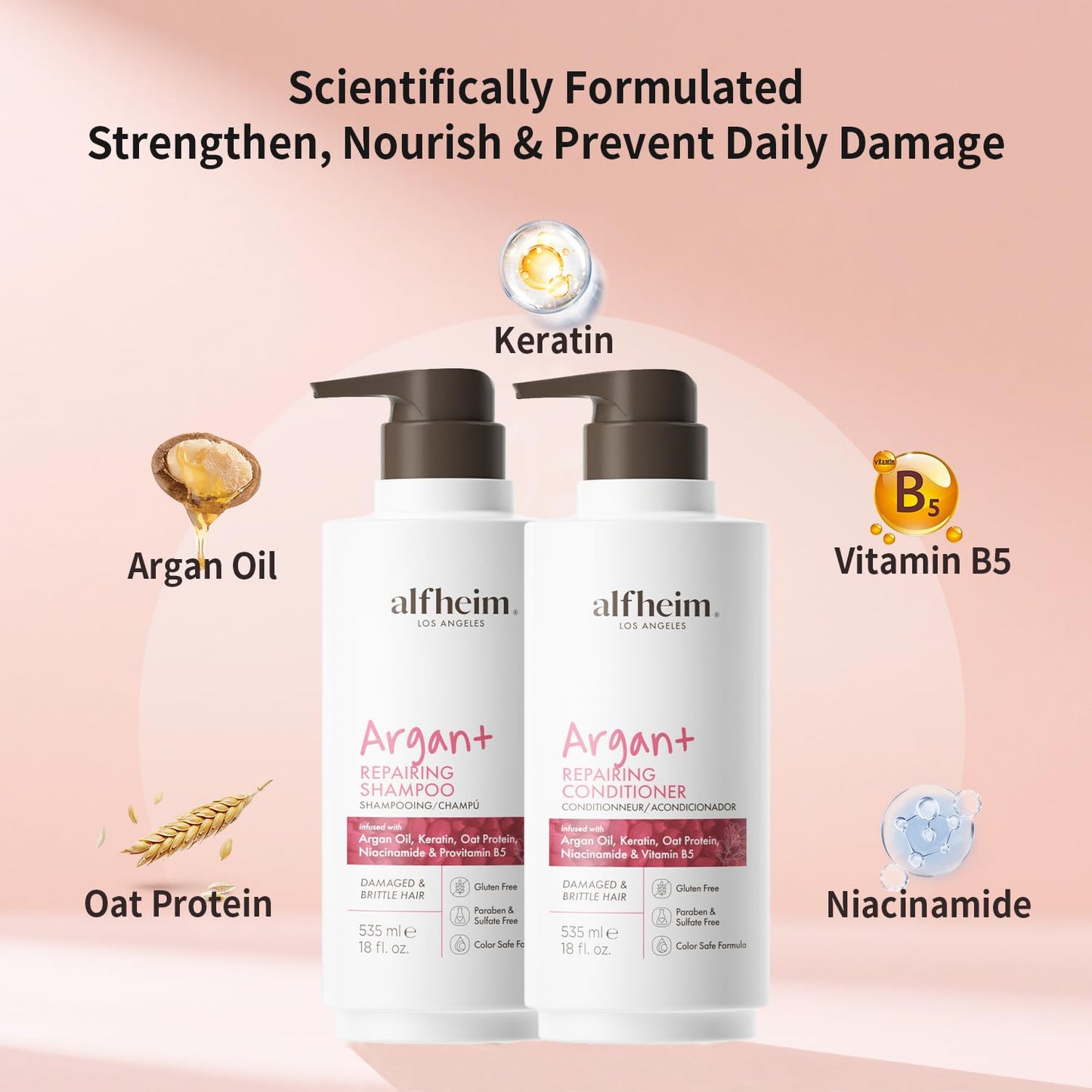 ALFHEIM Argan+ Repairing Shampoo & Conditioner Set for Dry, Damaged & Frizzy Hair with Argan Oil, Keratin, Oat Protein – Deep Repair, Moisture & Shine – Color Safe, Sulfate Free – 18 oz × 2