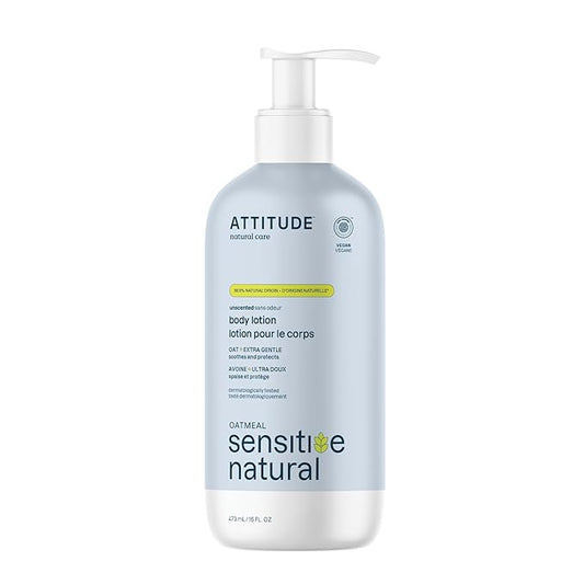 ATTITUDE Body Lotion for Sensitive Skin with Oat, EWG Verified, Dermatologically Tested, Vegan, Extra Gentle, Unscented, 16 Fl Oz