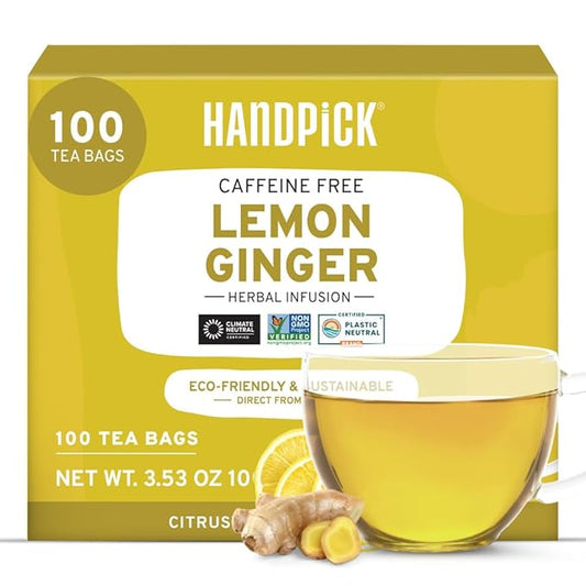 HANDPICK, Lemon Ginger Herbal Tea, Eco-conscious Tea Bags - 100 Pyramid Tea Bags | 100% Natural Ingredients, Hand-made Blend of Lemon & Ginger | Caffeine Free, Gluten Free | No Artificial Ingredients