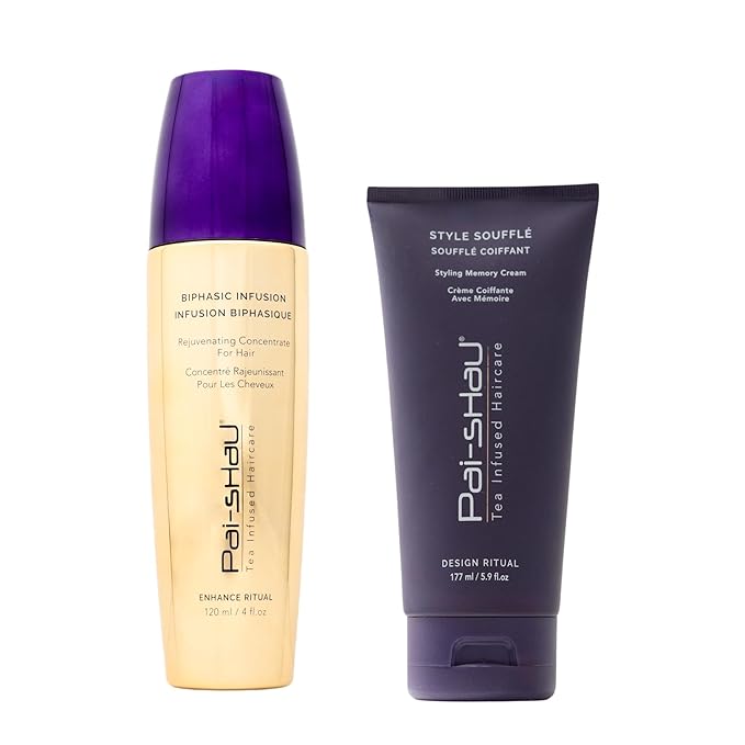 Pai-Shau Biphasic Infusion & Style Soufflé Set - Oil-Free Hair Rejuvenating Serum - Provides Shine, Thermal, and Environmental Protection, 4oz & Medium Hold Styling Cream for All Hair Textures, 5.9oz