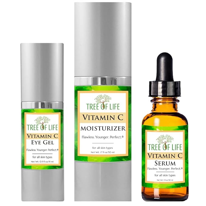 Tree of Life Vitamin C Serum for Face w/ 1.7 Oz Moisturizer Cream & 0.5 Oz Eye Gel - Skin Care Trio Serums to Brightening Dark Spot, Smooth Dry & Sensitive Skin, Anti-Aging, Wrinkles