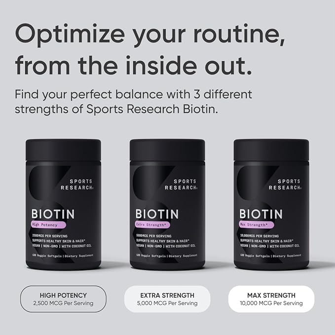 Sports Research Extra Strength Vegan Biotin (Vitamin B) Supplement with Organic Coconut Oil - Supports Keratin for Healthier Hair & Skin - Great for Women & Men - 2,500mcg, 120 Veggie Softgel Capsules