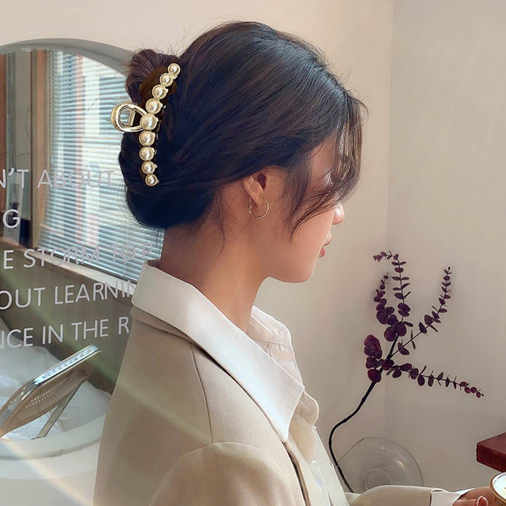 Metal Rhinestone Hair Claw Clips Imitation Pearl Hair Jaw Clips Non Slip Barrettes Hair Clasps Accessories for Women Ladies (2 Pack)