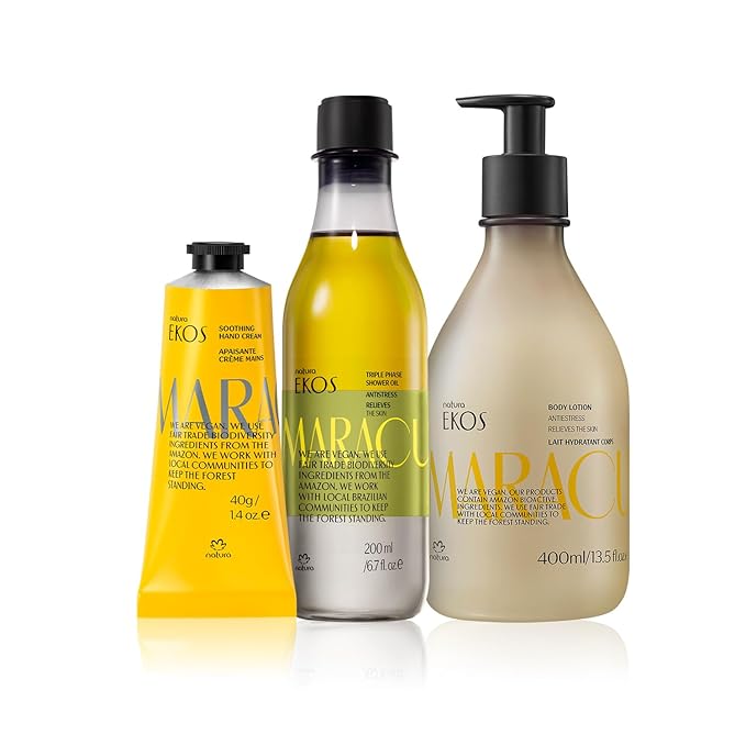 natura - Ekos Maracujá (Passion Fruit) Relieving Bundle - Triple Phase Shower Oil & Hand cream & Body Lotion - Vegan Skin Care - Brazilian Beauty Secrets - Self Care & Body Care