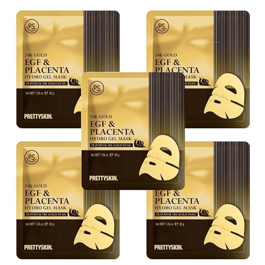 24K Gold Snail EGF & Placenta Hydrogel Mask Sheet (Pack of 5) - Deep Hydration, Skin Elasticity, and Firmness