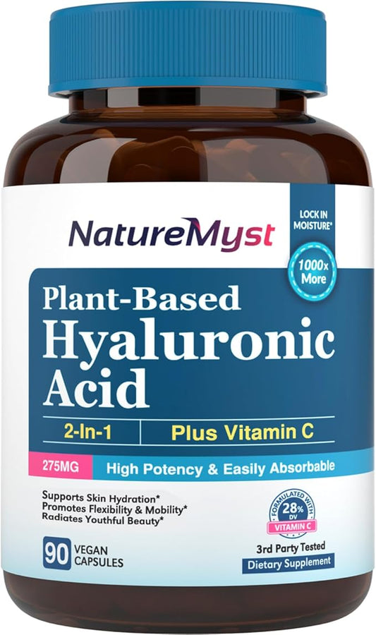 Hyaluronic Acid Supplement, with Vitamin C, 250mg Plant-Based HA, 90 Vegan Caps, for Skin & Eyes, Collagen Production, Easily Absorbable