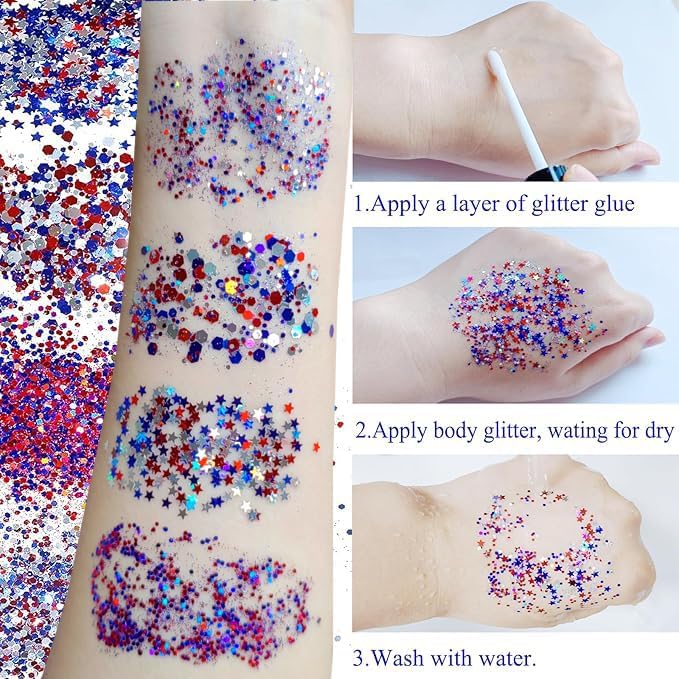 Red White and Blue Body Glitter Set - 4th of July Outfit Accessories for Women & Kids, USA Flag Face Glitter with Glue, 4 Jars Holographic Chunky Patriotic Hair Glitter Sequins for Independence Day