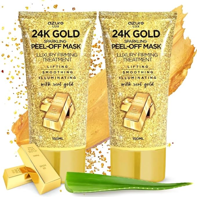 AZURE 24K Gold Firming Peel Off Face Mask- Anti Aging, Lifting, Illuminating & Revitalizing - Removes Blackheads, Dirt & Oils - With Hyaluronic Acid and Collagen - Skin Care - 150mL - 2 Pack