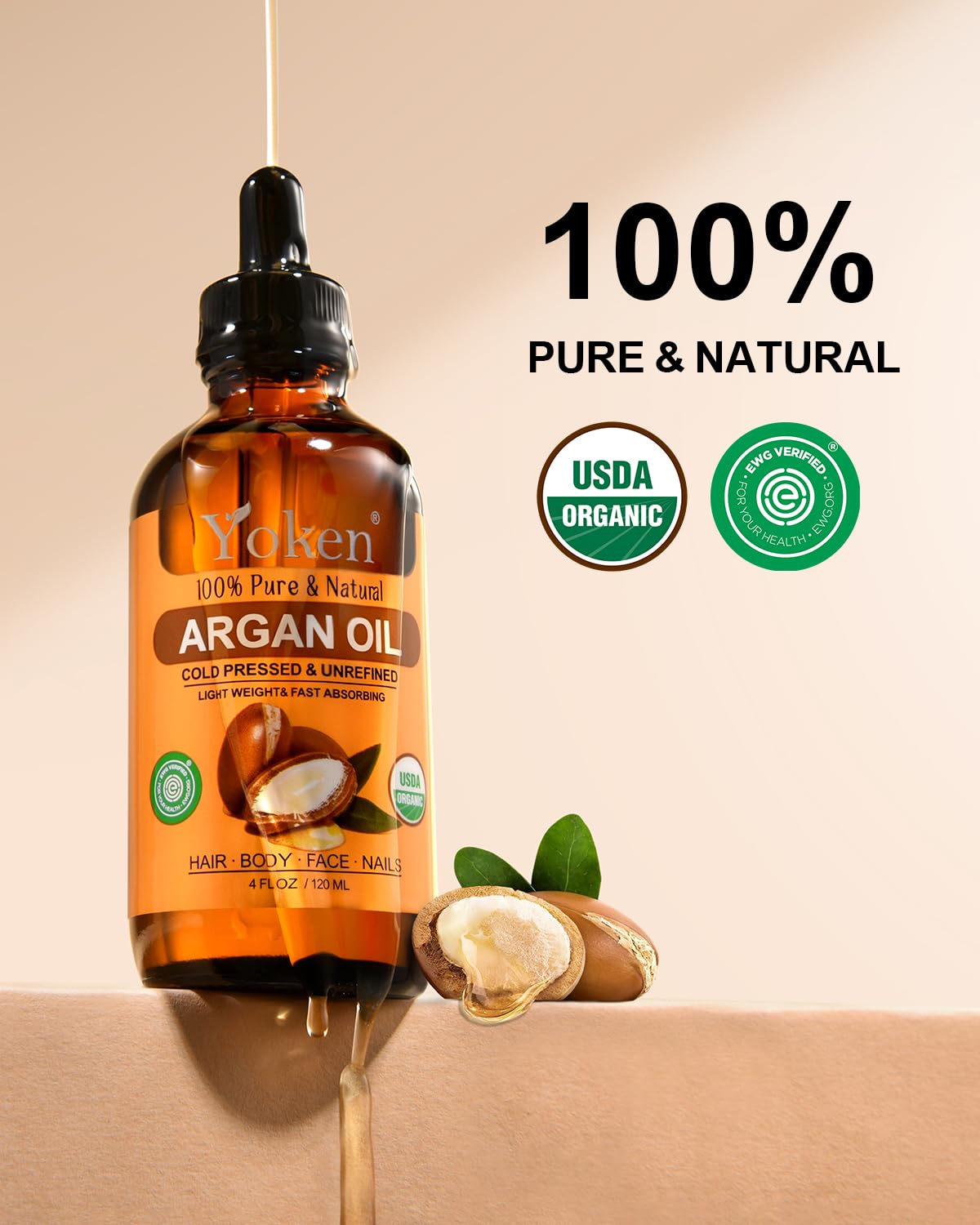 Organic Argan Oil for Hair 4 Fl Oz, USDA Pure and Natural Morocco Argan Oil, Argon Oil For Hair, Scalp, Face & Skin Care, 100% Cold Pressed Hair Conditioner, Unrefined Argon Nails Carrier Oil