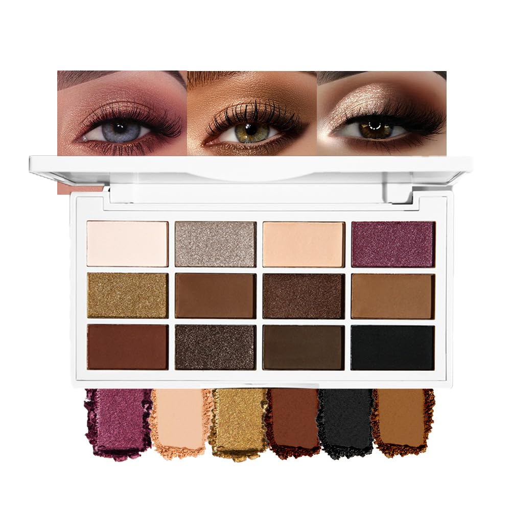12 Colors Matte Shimmer Pressed Eye Shadow Palette - Beige Apricot Nude Brown Cocoa Black, Shimmer Plum Purple Bronze Gold Champagne, Blendable Long-Lasting,for Women Professional Makeup Looks
