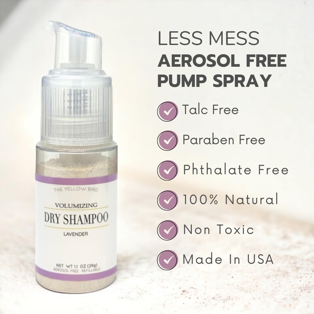 The Yellow Bird Natural Powder Dry Shampoo – Non Aerosol Pump Spray, Healthy, Volumizing Hair Refresh for Women & Men | Organic Ingredients | Lavender Oil Scented | Made in USA