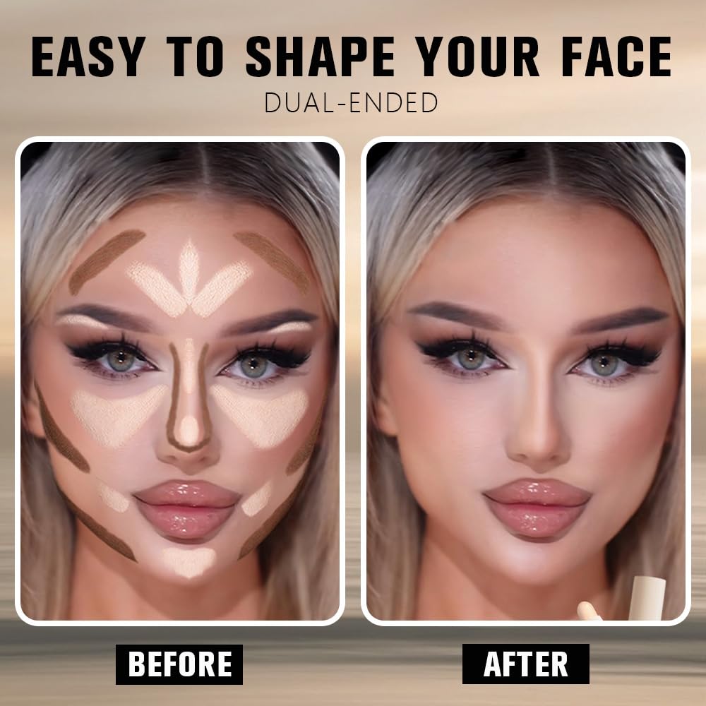 Nuetral Nude + Beige Contour Stick Dual Ended Face Body Makeup Waterproof no Transfer, 2 in 1 Cream Concealer Stick Contouring Makeup Kit, Nose Contour Bronzer Sticks Face Highlighter Make up