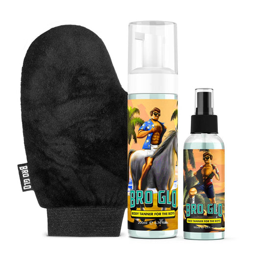 Bro Glo Self Tanner for The Boys - Starter Bundle - Easy Sunless Tan For Your Face & Body With Mitt Applicator - Oil Free Water Based for Faster Skin Drying - Natural Sun Kissed Bronze Color Perfect for Men - Gift Set (Starter Bundle)