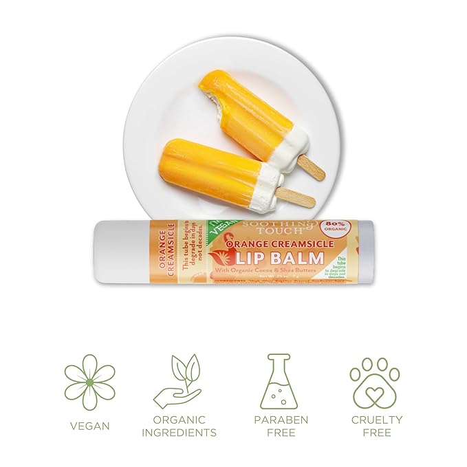 Vegan Lip Balm Set - Variety Pack of 3 Soothing Touch Lip Balms. Large 0.25 oz size. Includes Bonus Muslin Pouch Unique Gift Bundle by Tiny Seed (Strawberry Shortcake, Orange Creamsicle, Piña Colada)