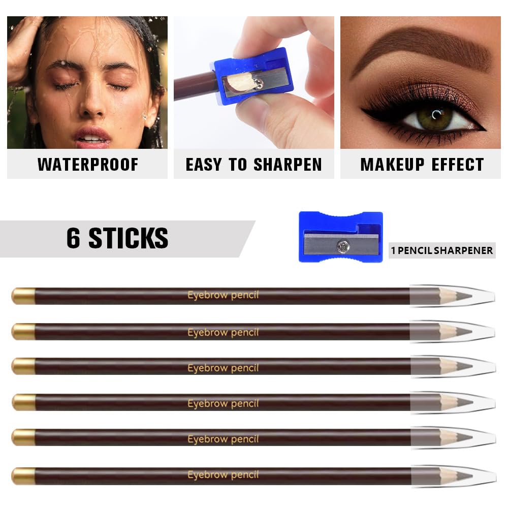 6Pcs Eyebrow Pencils for Women,Wooden Hard-Core Dark Brown Eyebrow and Eyeliner Pencil,Long Lasting Waterproof and Sweat-Proof,Beginner Makeup Brow Pencil,Create a Natural Eye Brow Makeup,Vegan