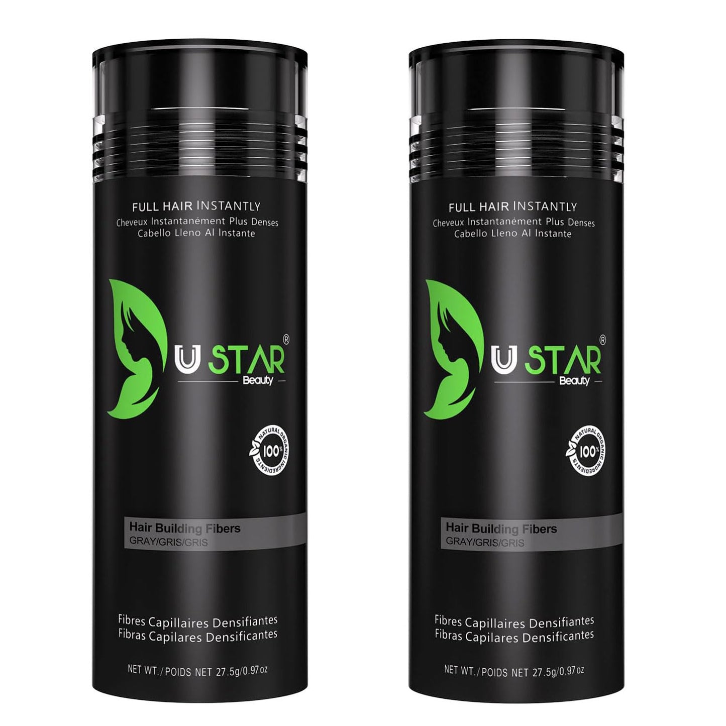 Ustar Hair Building Fibers for Thinning Hair 27.5g Conceals Hair Loss Instantly Thicker Fuller Look 9 Shades for Women & Men 2 Pack (Gray)