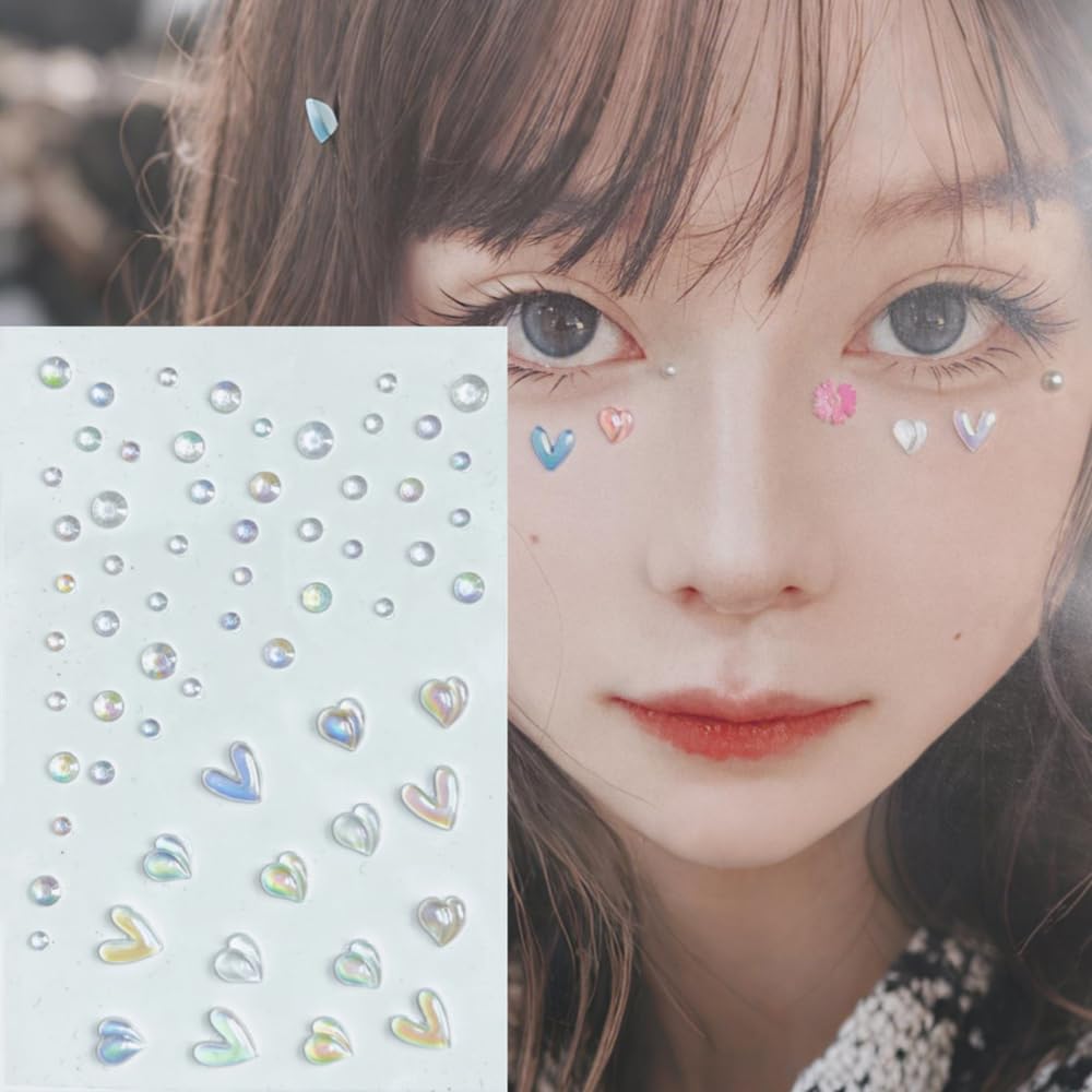 Heart Rhinestone Tattoo Stickers for Makeup, V Heart Shape Face Eye Gems, Self Adhesive Face Jewelry with Clear Pink Purple, Cute Love Face Stickers, Birthday Rave Concert Party Supplies