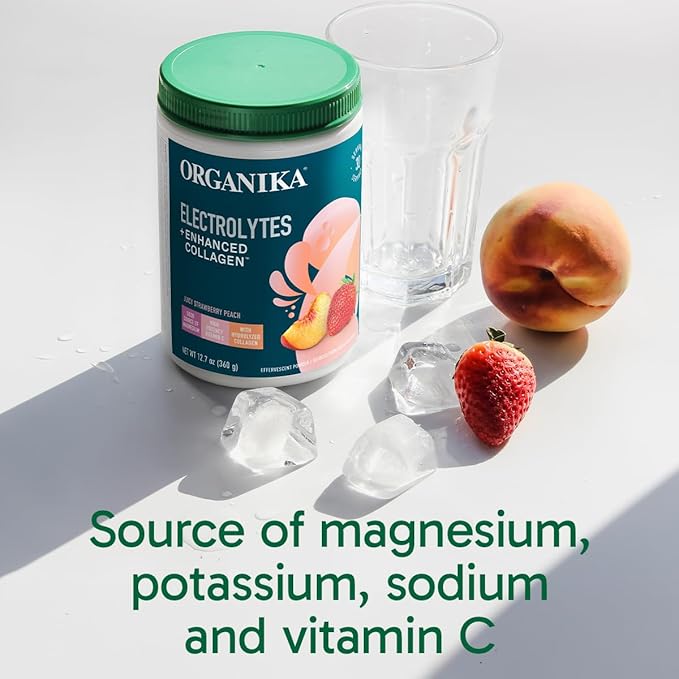Organikа Electrolytes with Enhanced Collagen Powder for Women & Men - 360g - Strawberry Peach-Flavored Effervescent Electrolyte & Collagen Drink Mix - Deep Hydration, Mobility, Skin, Hair, & Nails