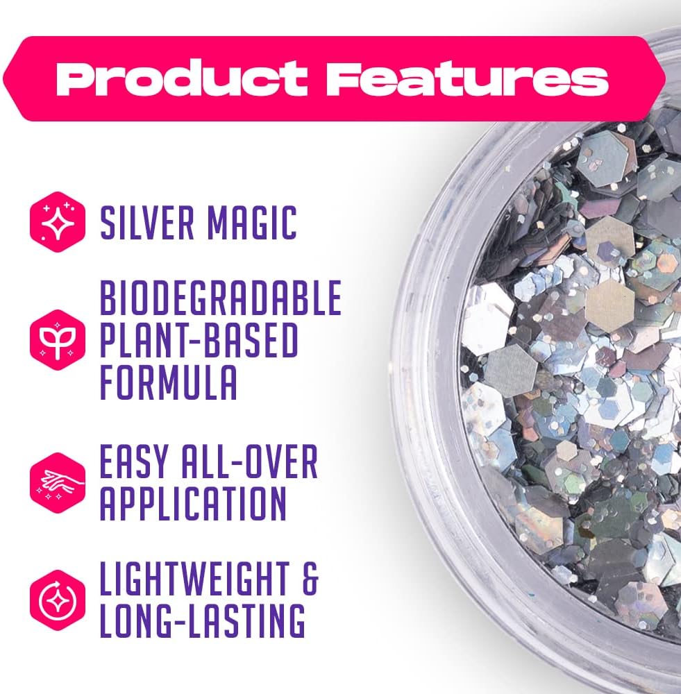 Silver Biodegradable Glitter Makeup | Plant Based, Eco Friendly, Hair Glitter, Face Glitter or Body Glitter | Cosplay, EDM, Music Festival and Rave Makeup Accessory | 5 Grams of Chunky Glitter