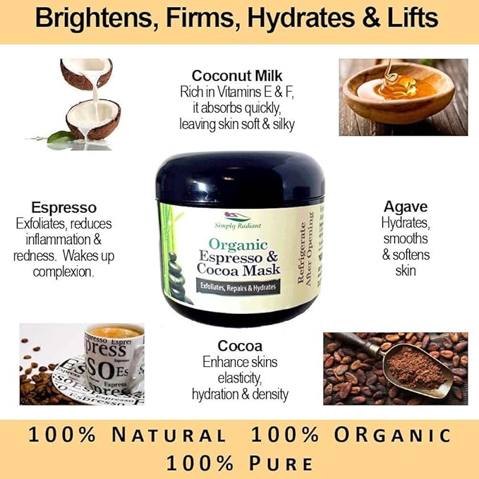 GLIMMER GODDESS Organic Espresso Coffee & Cocoa Face Mask - Moisturizing & Exfoliating, Anti-Aging, Vegan, 2 oz