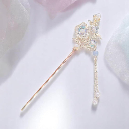 Ancient Style Elegant Flower Tassel Hairpin, Vintage Floral Hair Pin, Mint Green and Pink Flowers with Pearl Tassel, Chinese Style Hairpin Hair Accessories 2