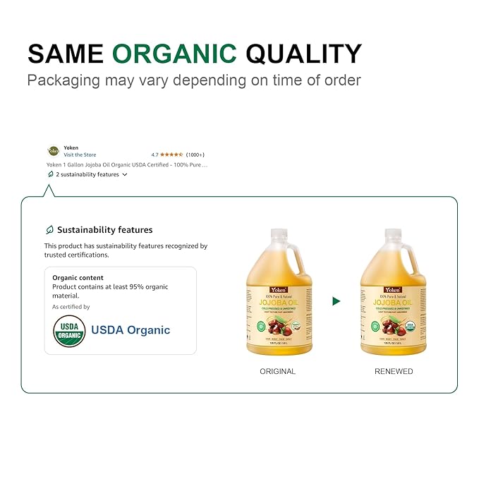 1 Gallon Jojoba Oil EWG Verified - 100% Pure Jojoba Oil Bulk Cold Pressed Unrefined Hexane Free Virgin Golden Jojoba Carrier Oil for Hair Skin Massage DIY Natural Body Moisturizer
