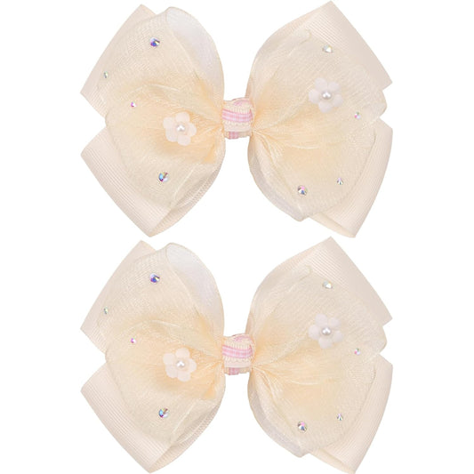 KISZU 4.5 Inch Flower Hair Bow Clips, Organza Bows with Pearls Big Hair Accessories for Baby Girls Kids Children Teens and Women (Yellow)