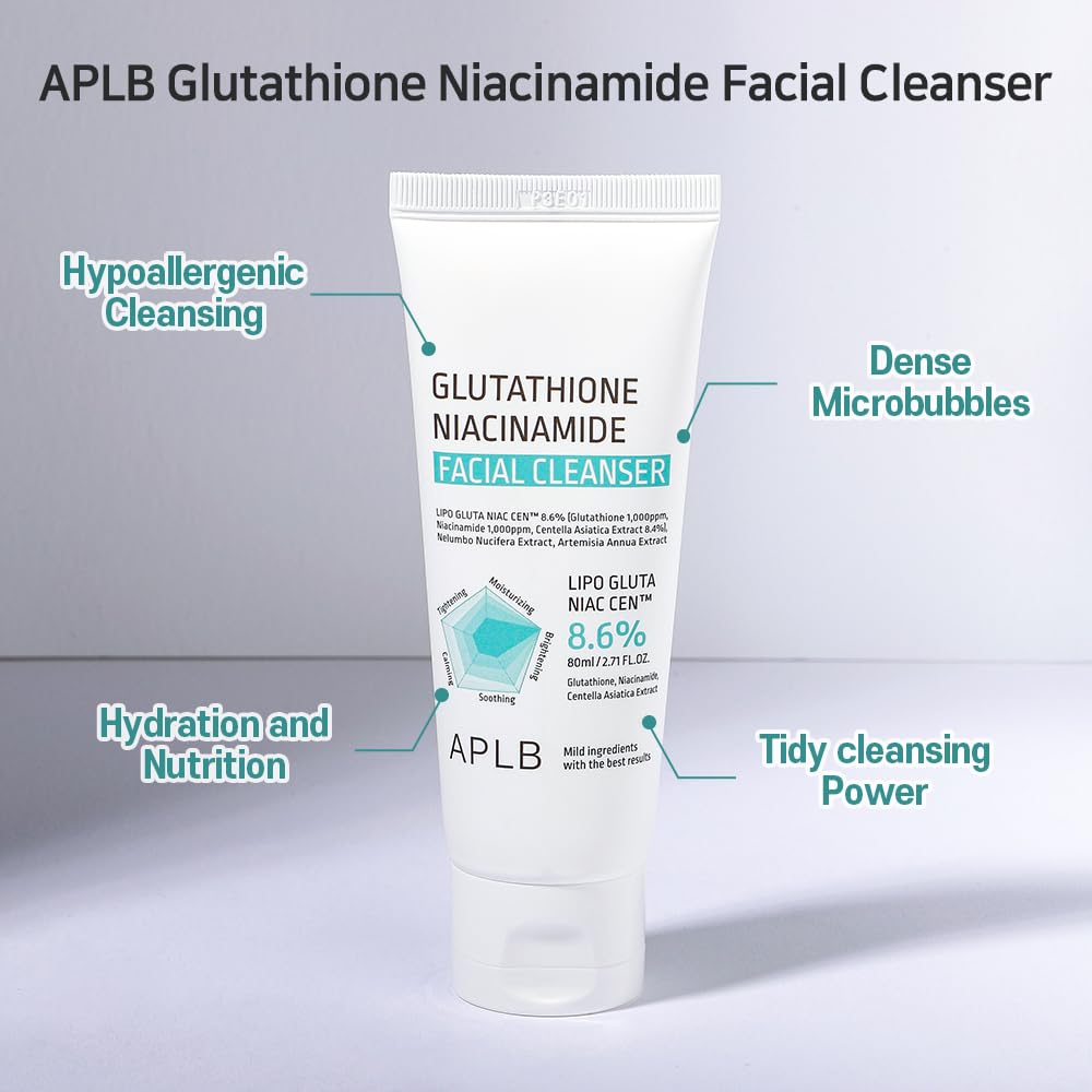 APLB Glutathione Niacinamide Facial Cleanser | LIPO GLUTA NIAC CEN™ 8.6% 2.71 FL.OZ/Korean Skincare, Cares for Tighten Pores & Sebum, Long lasting nourishment and deep moisture for soft skin