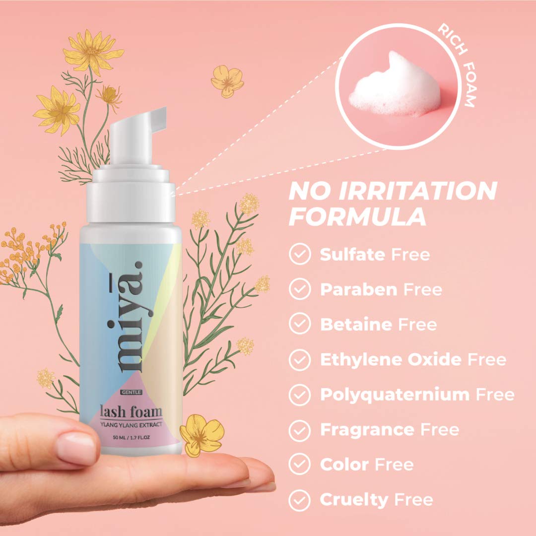 Eyelash Extension Cleanser + Rose Gold Mascara Wand & Brush | Eyelid Cleanser | Lash Bath | Paraben & Sulfate Free Makeup Remover Lash Cleanser for Extensions | Salon & Home | Miya Lash Shampoo 50ml