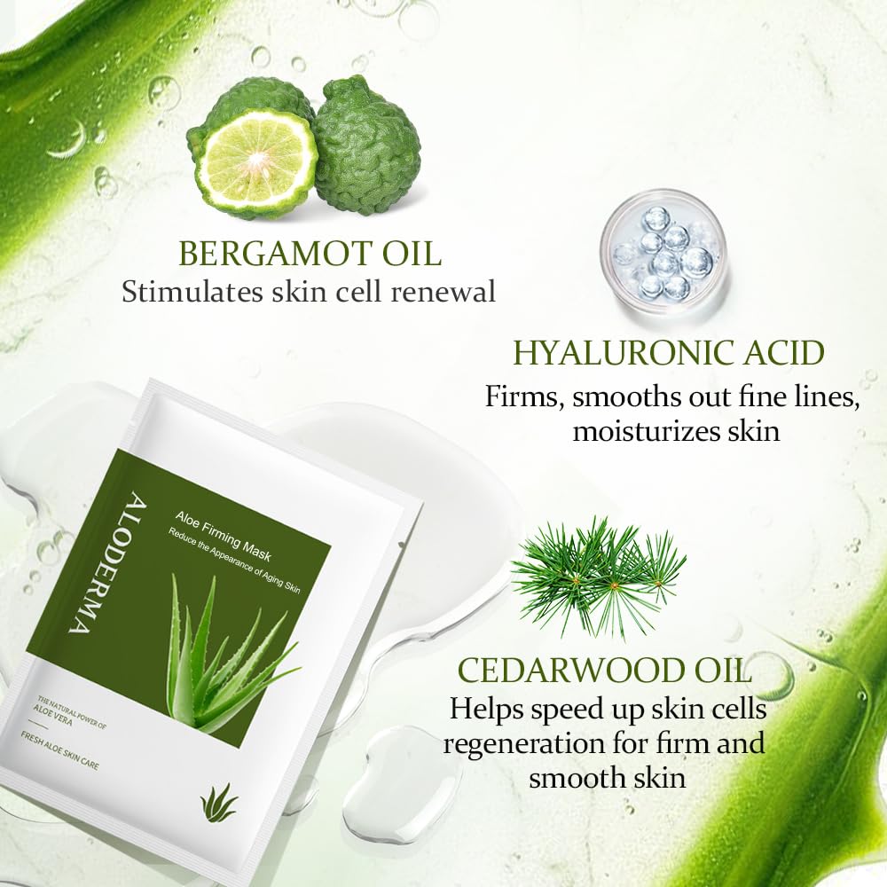 Aloderma Firming Sheet Masks with 89% Organic Aloe Vera 5 pcs - Formulated for Age-Defying Results with Hyaluronic Acid & Arginine, Intense Hydration & Nourishment for Plump, Supple, Rejuvenated Skin
